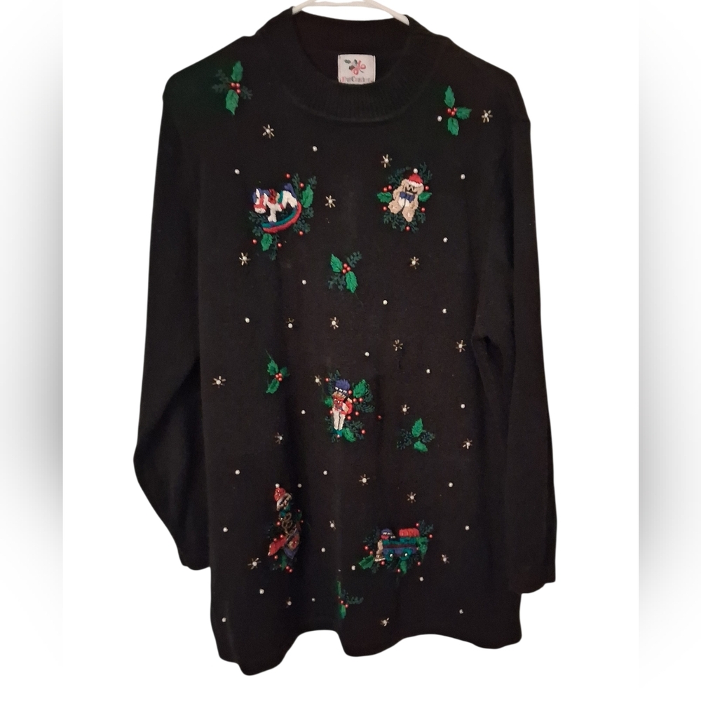 Charming Black Holiday Sweater with Festive Designs
